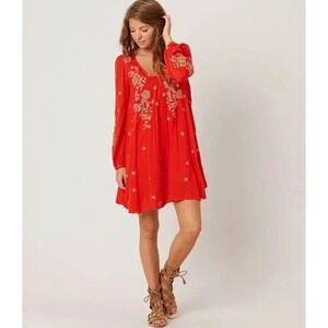 Free People Sweet Tennesee Red Embroidered Cutout Back Mini Dress Sz L Boho